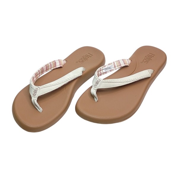Flojos Shoes - Flojos Sandals Flip Flops Women Size 8 Brown Cream Woven Fabric Strap